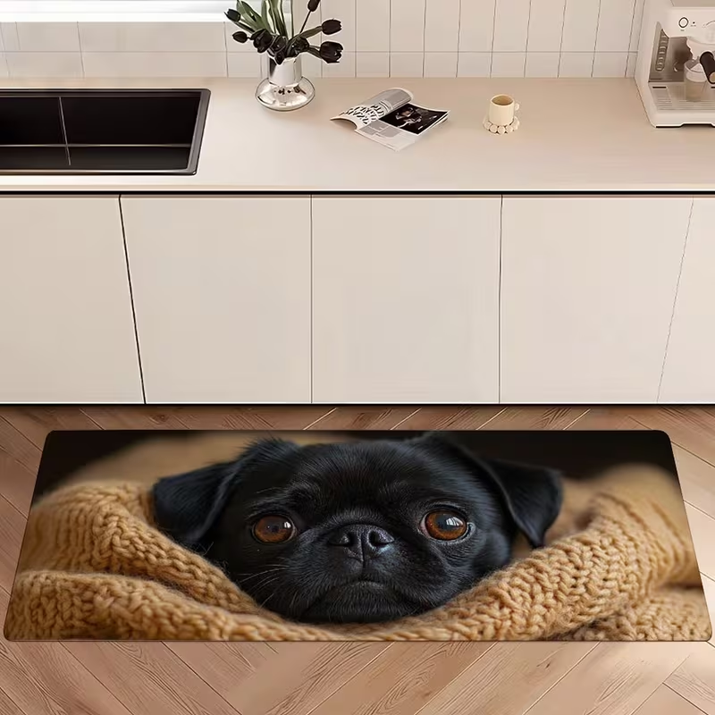 Commercial Wrap Printing - Cute Black Pug Dog Runner Rug